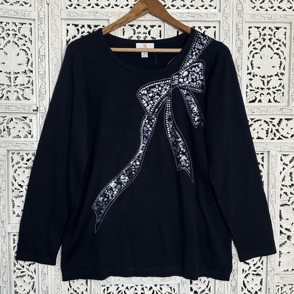 Quacker Factory NWT Silver Sequin Bow Long Sleeve Black Lightweight Sweater Sz M - Picture 1 of 8